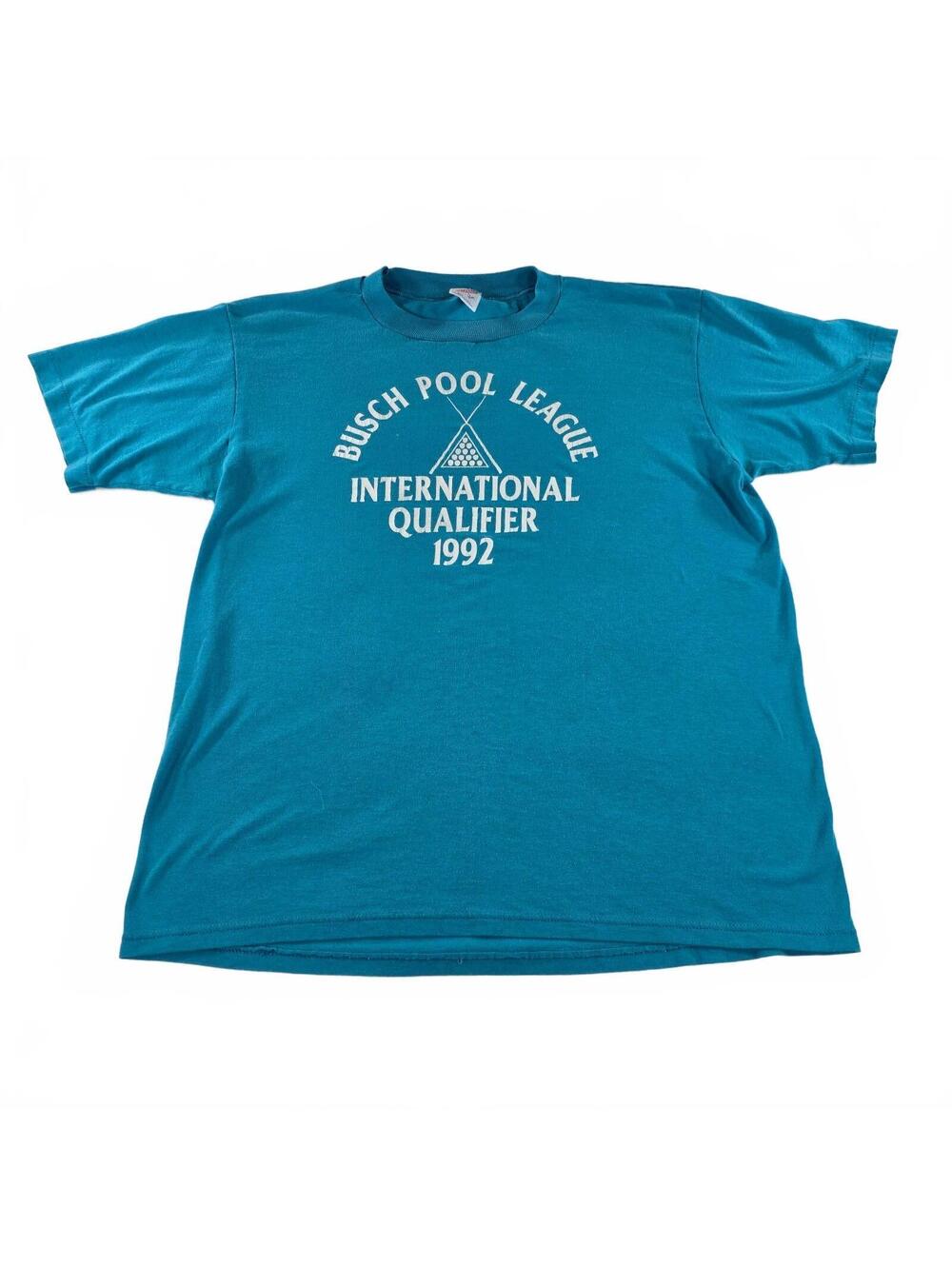 Jerzees Busch Pool League 1992 Vintage Mens Large Teal Blue Graphic T-Shirt